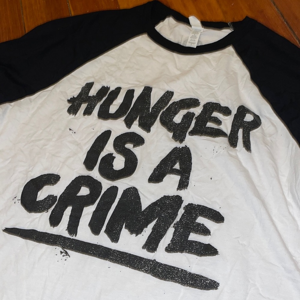 RARE “Hunger Is A Crime” Baseball-Style Shirt! Tom Morello Signature On Back!